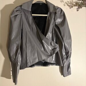 Gray Vegan Leather Wrap Jacket Puff Sleeve Blouse – Size Small